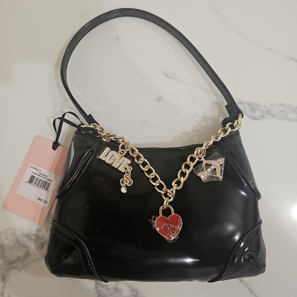 Black Women’s Shoulder Bag with Gold Chain and Red Heart Charm